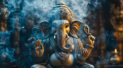 Ganesha Statue with Incense Smoke
