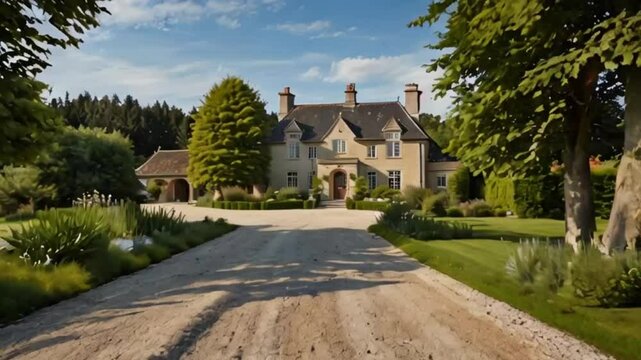 Large farm country house with gravel driveway and green landscape