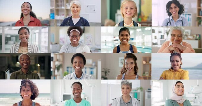 Collage, careers and professional people, smile and help of healthcare, various and employees. Group, ambitious and businesswomen in collection, diversity and working in children and students
