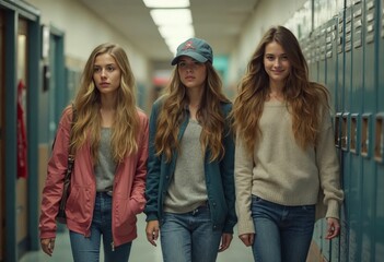 Three Young Women Walking Together in a School Hallway Capturing the Essence of Friendship and Youth