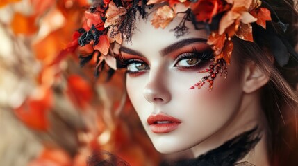 Fototapeta premium Halloween portrait of young beautiful girl. Fashionable makeup