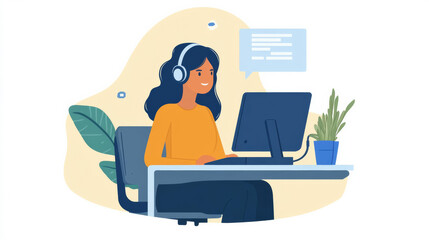 A support team member is engaged in conversation while working at computer, showcasing friendly and professional atmosphere.