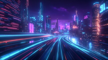 Obraz premium A futuristic cityscape with neon lights and skyscrapers, serving as a background for a video game or motion graphics