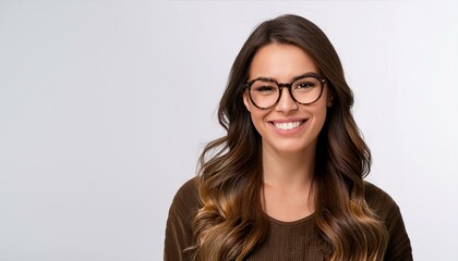 Fototapeta premium Smiling Woman with Brown Hair and Tortoise-Shell Eyeglasses on White Background