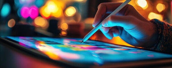 Young professional designing a website with a stylus on a tablet, creative digital design process, modern workspace.