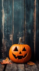 Obraz premium Halloween pumpkin head jack lantern on spooky wooden background