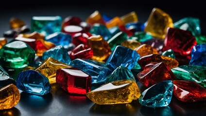 Colorful glass fragments scattered on a dark surface showcase their beauty.