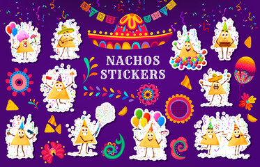 Stickers pack of funny Mexican nachos chips characters in festive and playful poses. Colorful vector patches with cartoon tex mex food personages celebrate party with balloons, cake and confetti
