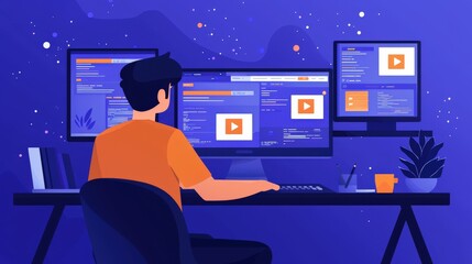 Developer working on a website with multiple tabs open, multitasking in web development, efficient coding setup.