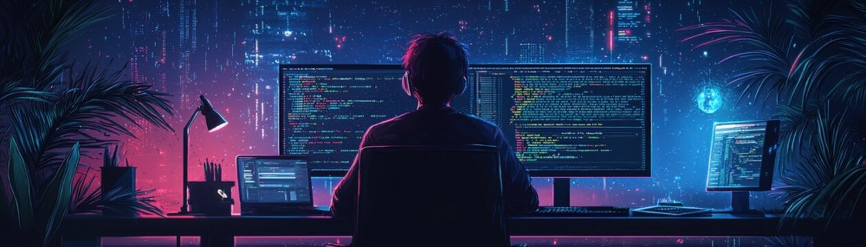 Developer using a code editor with dark theme, modern coding environment, efficient web development tools.