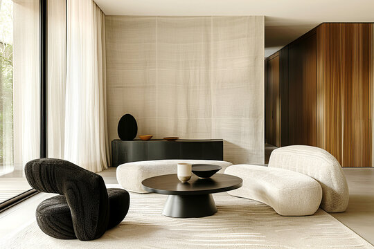 Japandi, minimalist interior design of modern living room with curved sofa and stylish armchair.