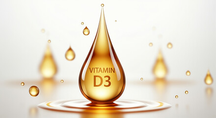 Vitamin D3 drop liquid health supplement surrounded by drops for nutrition benefits and wellness