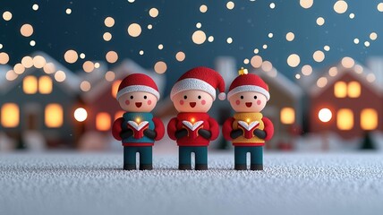 Friends singing carols in a snowy neighborhood, twinkling Christmas lights, joy of the holiday season, 2025