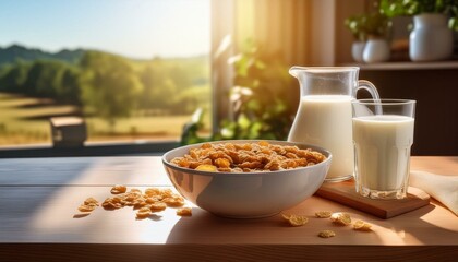 Sunlit Cereal Bowl and Milk on Wooden Table, Rural View, Healthy Breakfast Still Life.