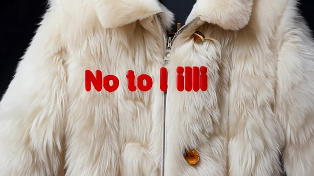 On a fashionable fluffy fur coat made of natural fur, a red inscription appears: No to killing animals. Against the killing of animals for the fur industry.