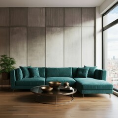 Living room interior in loft, industrial style, 3d render