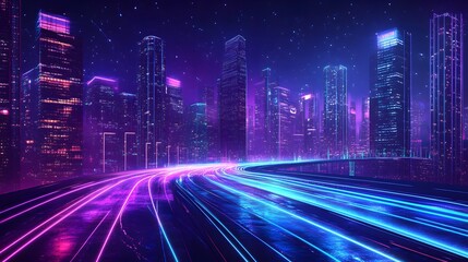 Naklejka premium A futuristic cityscape with neon lights and skyscrapers, serving as a background for a video game or motion graphics