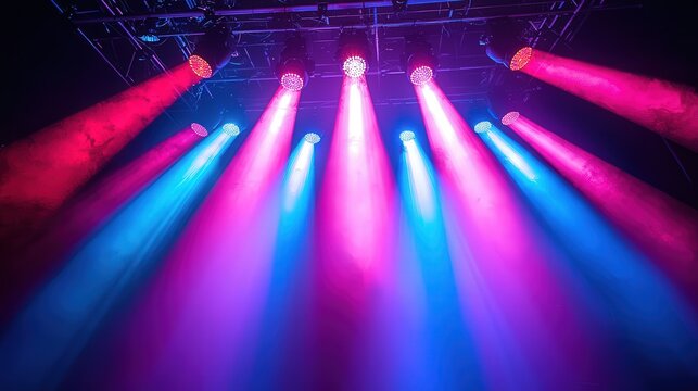Stage lights creating a kaleidoscope effect, multicolored beams, festive and lively setting, high energy