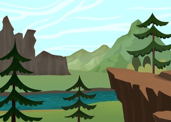 A landscape with trees, mountains, and a flowing river