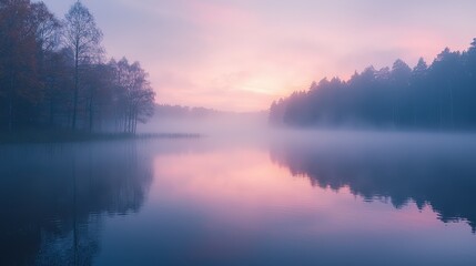 Drifting fog over a still lake at dawn, foggy weather, calm and ethereal