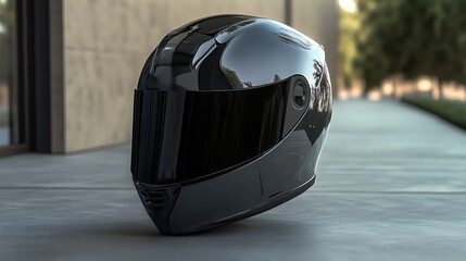 Fototapeta premium A 3D motorcycle helmet with a sleek black glossy finish for stylish protection during sport racing. It encompasses the full head and features a glass visor for clear visibility. 