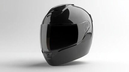 A 3D motorcycle helmet with a sleek black glossy finish for stylish protection during sport racing. It encompasses the full head and features a glass visor for clear visibility. 