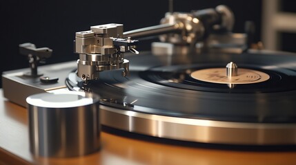 A close-up view of a record player, showcasing the intricate workings of the device. The turntable, tonearm, and cartridge are clearly visible, providing a glimpse into the mechanics of vinyl