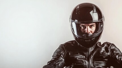 A motorcyclist, wearing a black helmet, poses against a white backdrop. 