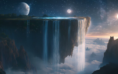 Surreal landscape of a colossal floating island with a cascading waterfall, under a starry night sky and full moon, blending fantasy and nature in a dreamlike, ethereal scene