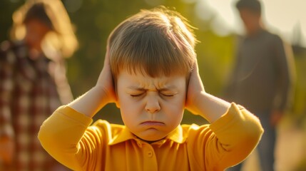 A young boy in a yellow shirt closes his eyes tightly and covers his ears, visibly upset as his parents argue in the blurred background. The image captures the emotional strain on the child