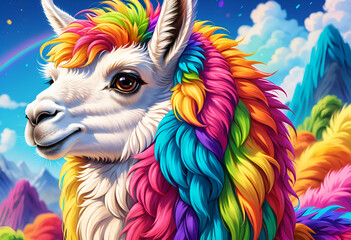 Colorful picture of Llama with multicolored fur, concept delightful digital painting.