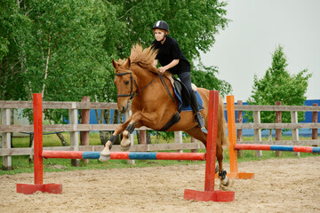 Woman riding brown horse over jumping fence in equestrian center. Trees and sand arena creating an...