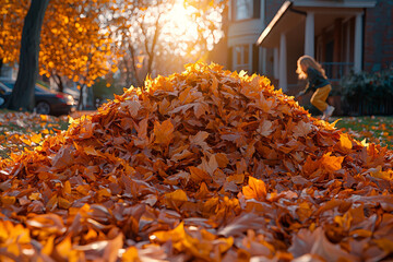 A stack of freshly raked leaves in a front yard, with a child playing and jumping into the pile. Concept of outdoor play and fall chores.