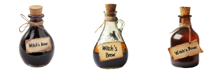 A witch's potion bottle with a cork stopper, labeled with a spooky "Witch's Brew" tag, isolated on transparent background