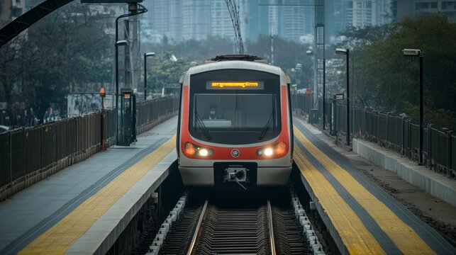 New Delhi, India - March 10 2024: A Metro train of the yellow line route at New Delhi India. 