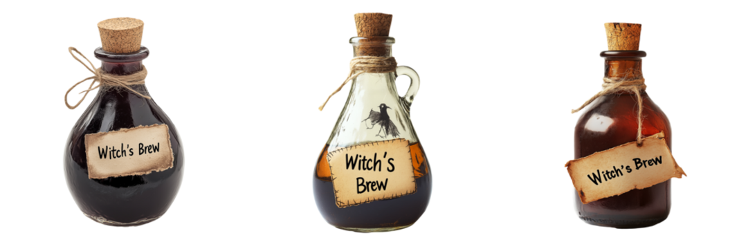 A witch's potion bottle with a cork stopper, labeled with a spooky "Witch's Brew" tag, isolated on transparent background