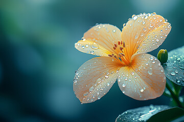 A single raindrop perched on the edge of a petal, poised delicately against a blurred background. Concept of fragile beauty and natural simplicity.