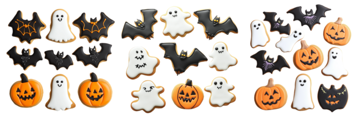 A set of homemade simple Halloween-themed cookies shaped like ghosts, bats, and pumpkins, decorated with vibrant, colorful icing