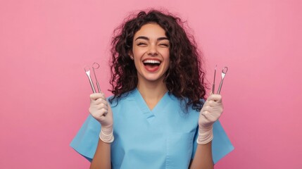 Cheerful Dental Assistant Holding Tools
