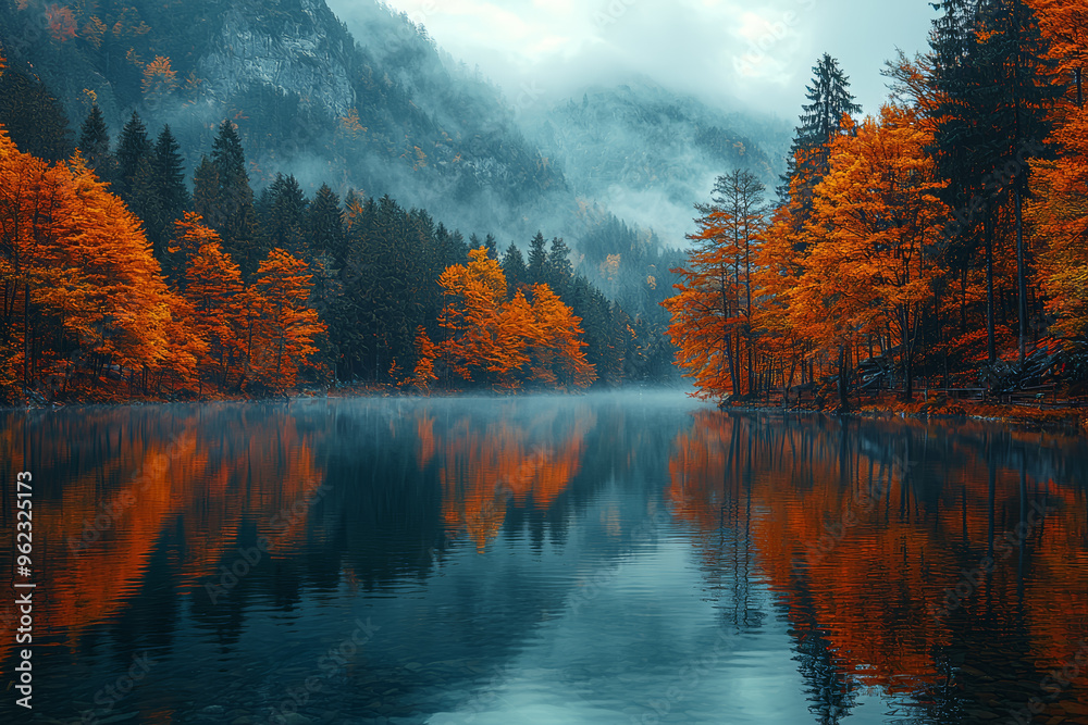 Wall mural a scenic lake reflecting the rich autumn colors of the surrounding trees, with a misty morning fog h