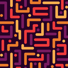 colorful geometric pattern with purple, orange, yellow lines on a purple dark background