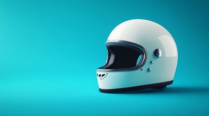 Fototapeta premium Iconic white retro vintage motorbike helmet isolated on a vibrant blue backdrop. This stunning 3D rendering captures the essence of vintage motorcycling with meticulous detail