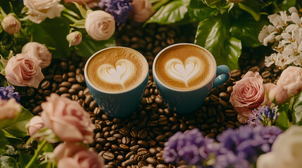Two heart-decorated coffee cups on a table.