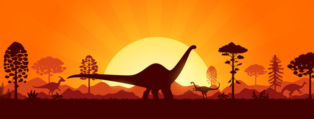 Jurassic era sunset landscape with dinosaur silhouettes in forest, vector background. Prehistoric dinosaur and giant lizard silhouette of brontosaurus with dino reptiles in Jurassic forest sunset © Vector Tradition