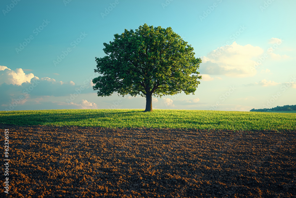 Wall mural a lone tree standing on a vast, empty field with no other vegetation in sight, emphasizing solitude 
