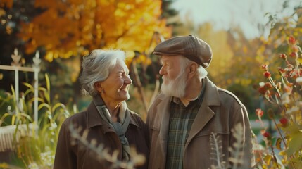 A couple of older people are standing in a garden, smiling at each other