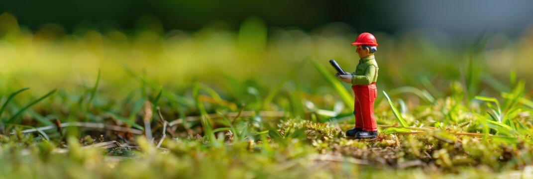 Small toy figure using a smartphone on the grass