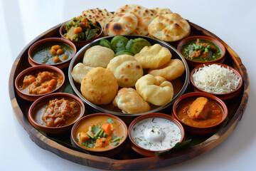 A large plate of Indian food with many different dishes, including rice, potatoes