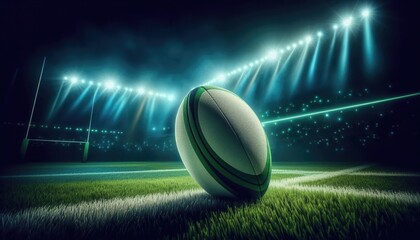 A dynamic rugby scene featuring a ball illuminated by stadium lights, capturing the excitement of the sport.