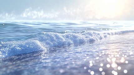 Obraz premium Ocean ripples roll towards the shore, blurring with the mist from a breaking wave. Glistening highlights scatter in the distance. 